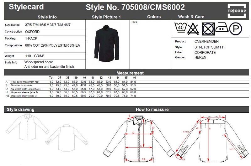 Maattabel voor Overhemd Stretch Slim Fit Tricorp CMS6002